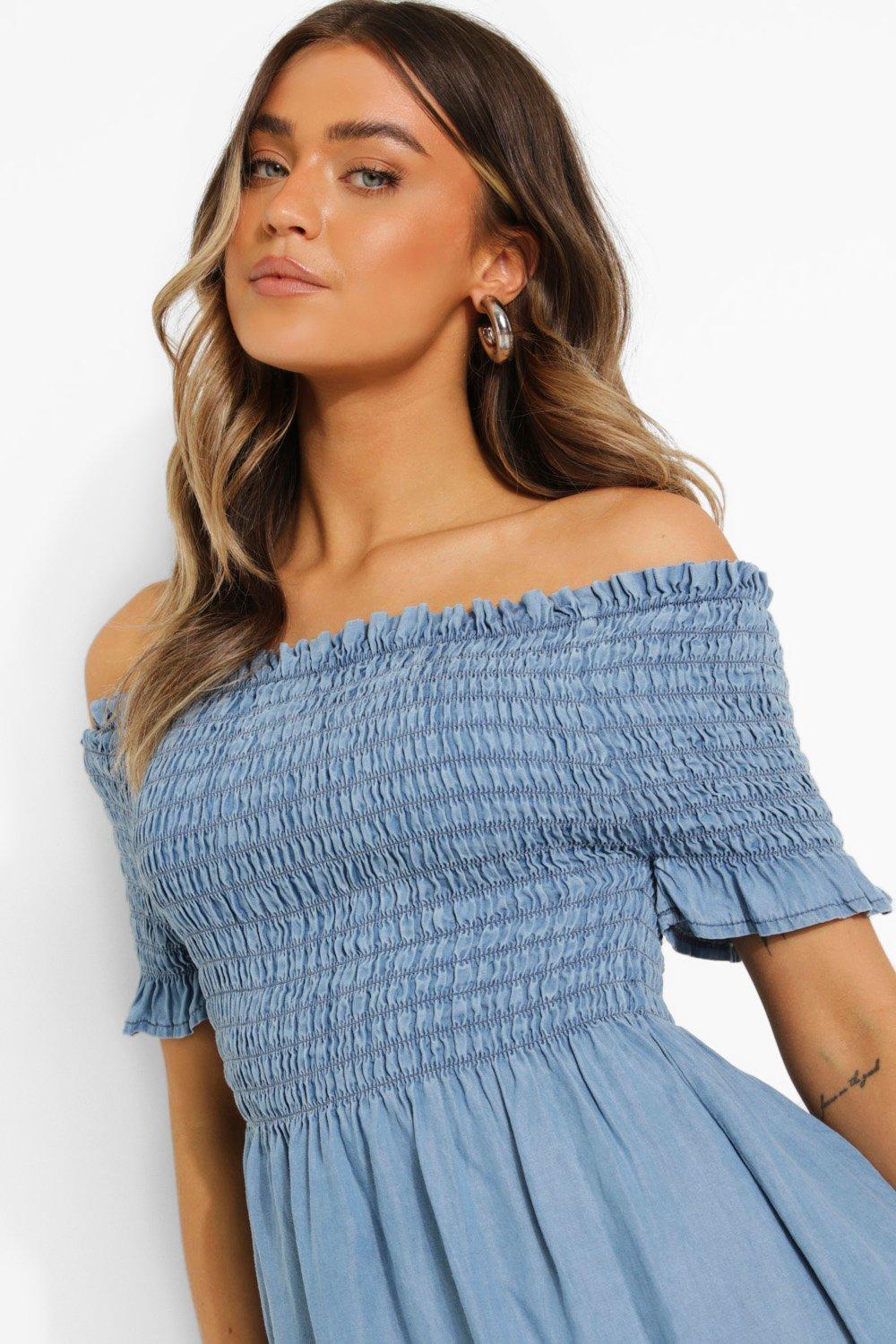 Shirred Bardot Denim Dress boohoo IE